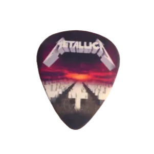 Uñeta impresa de con la caratula de la banda metallica